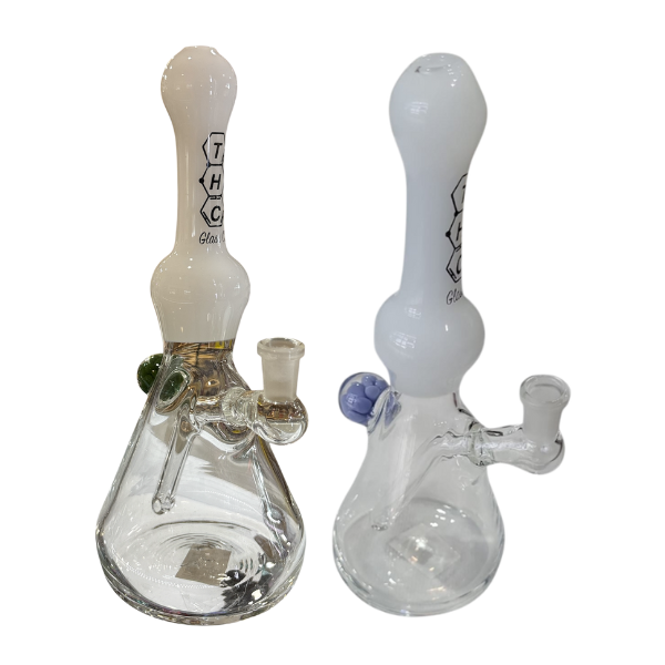 THC GLASS CO. WATER PIPE MINI RIG W/ Flower & Fixed Downstem / 10mm / White